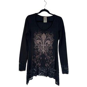 VOCAL Womens Size‎ S Top Rhinestone Metal Studs Fleur De Lis Lace Shark Bite Hem